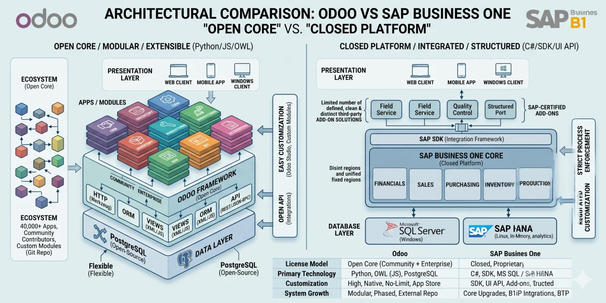 Architectural comparison: open-core Odoo vs closed-platform SAP B1