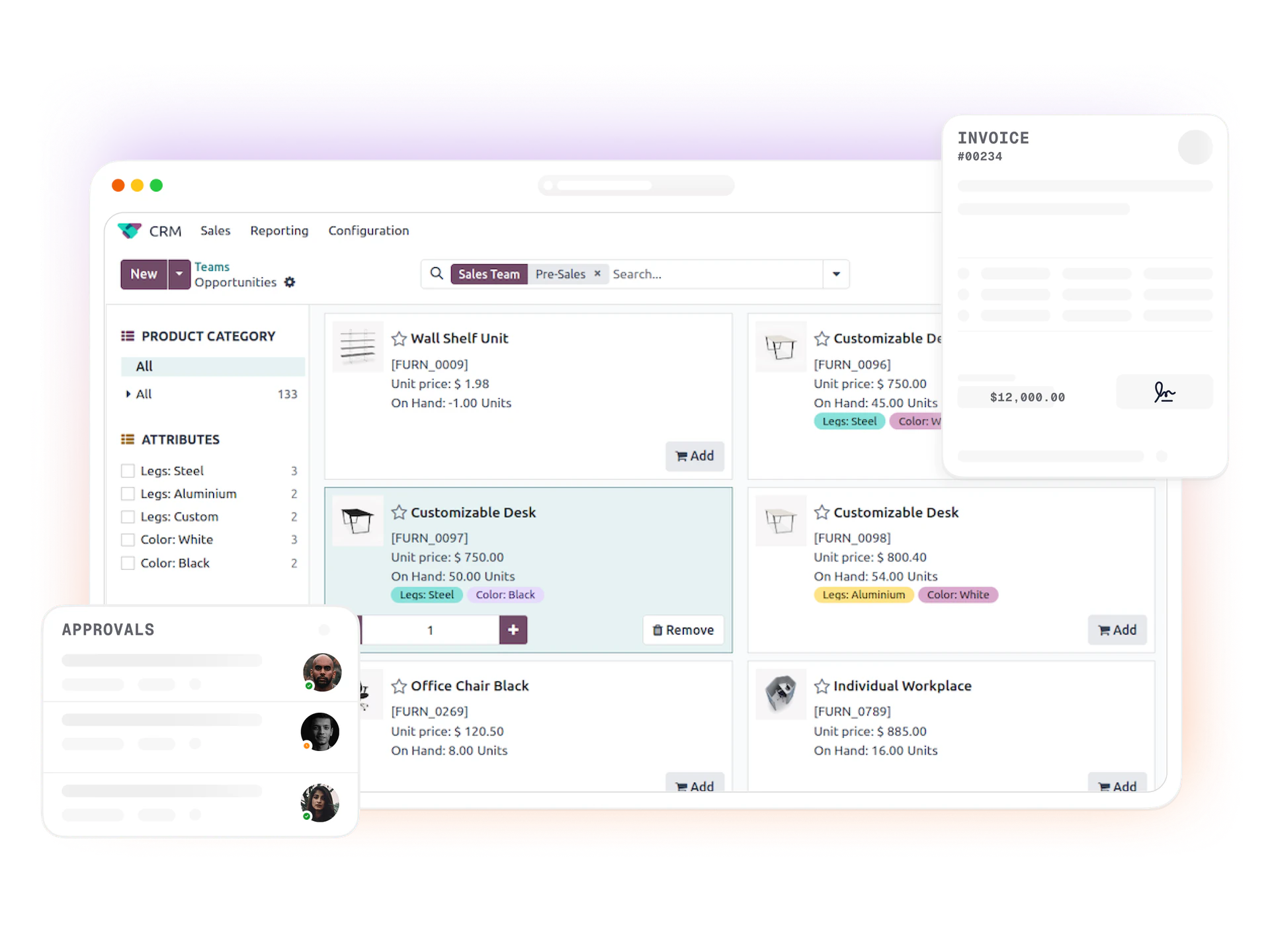 Odoo CRM — pipeline, approvals, and invoicing in one view