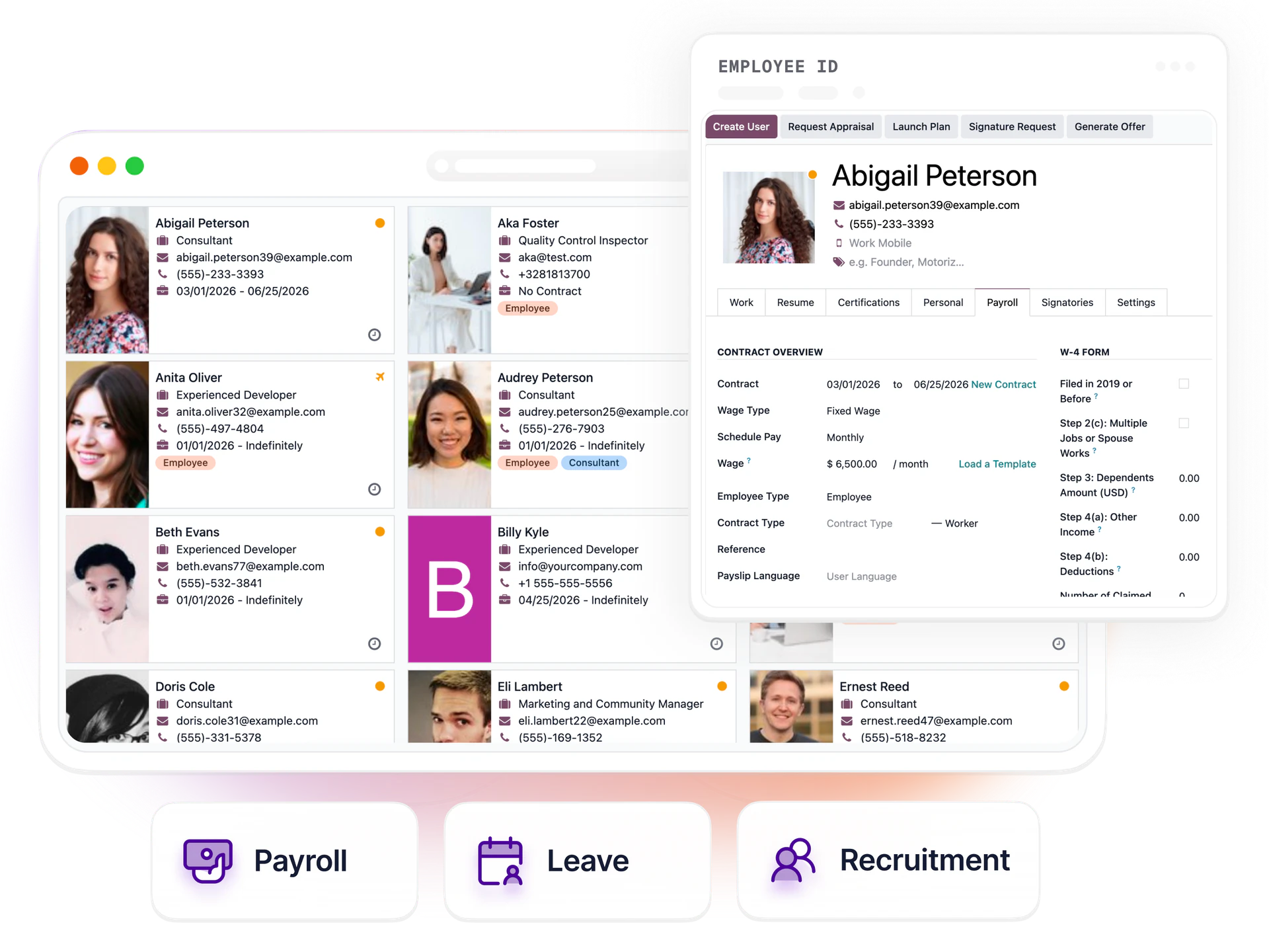 Employee directory, payroll contract, payroll/leave/recruitment modules