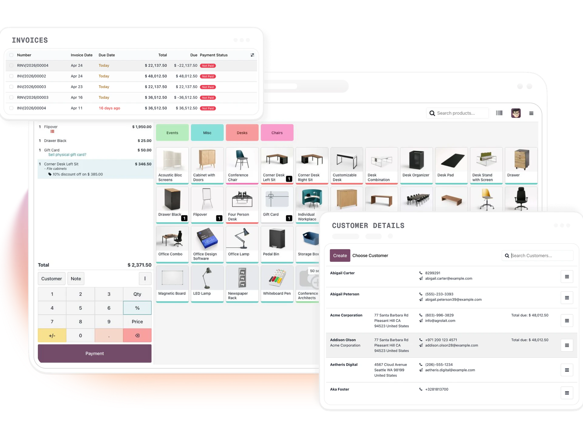 Odoo POS — register, product grid, customer details, invoice list